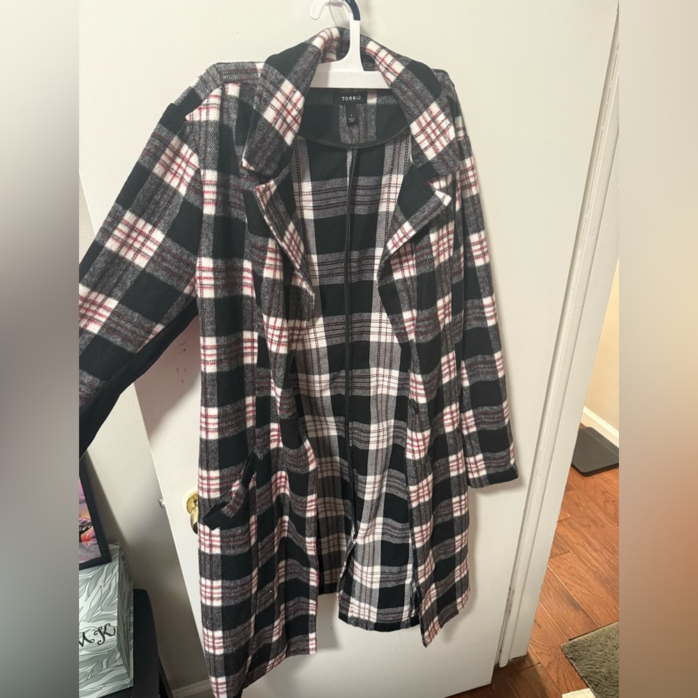 Torrid Plaid Trench Coat in Black, White, and Red